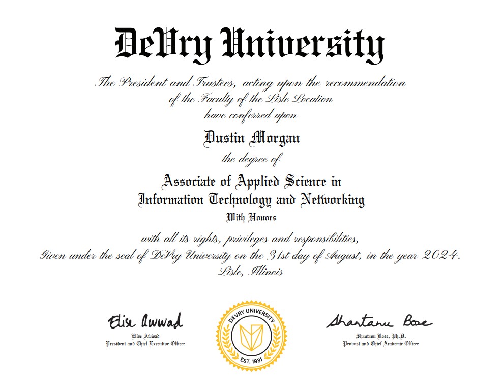 Devery Univesity Associate of Applied Science In Information Technology and Networking