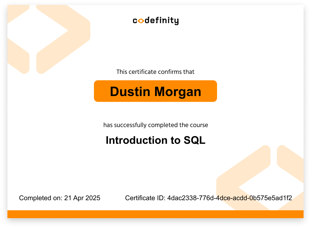 Codefinity Introduction to SQL Certificate